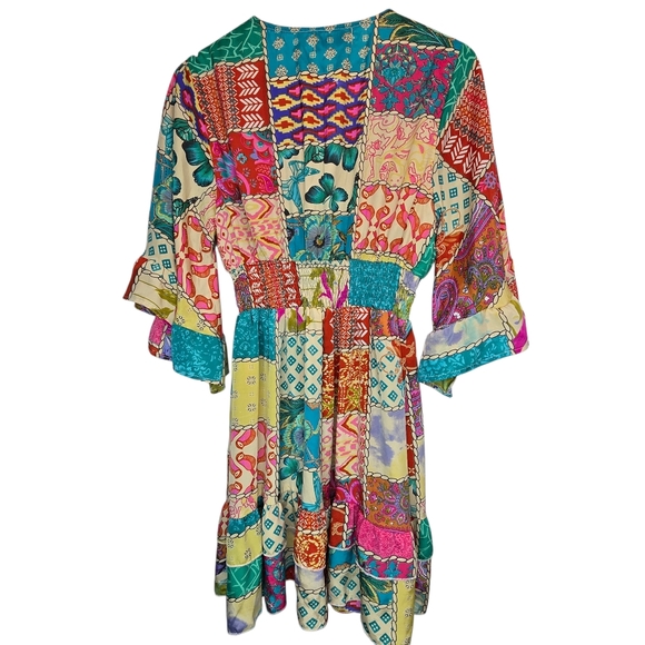 Tipsy Gipsy Colorful Patchwork Boho Tie-Front Mini Dress Size M - Picture 3 of 13